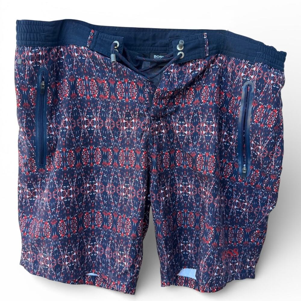HUGO BOSS Blue Swimwear Hugo Boss Navy Red Patterned Swim Trunks Medium